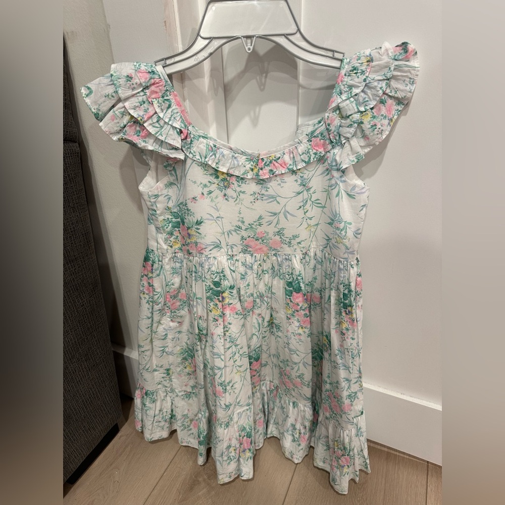 Janie and Jack White Dress with Pink and Green Floral Ruffles + cropped sweater